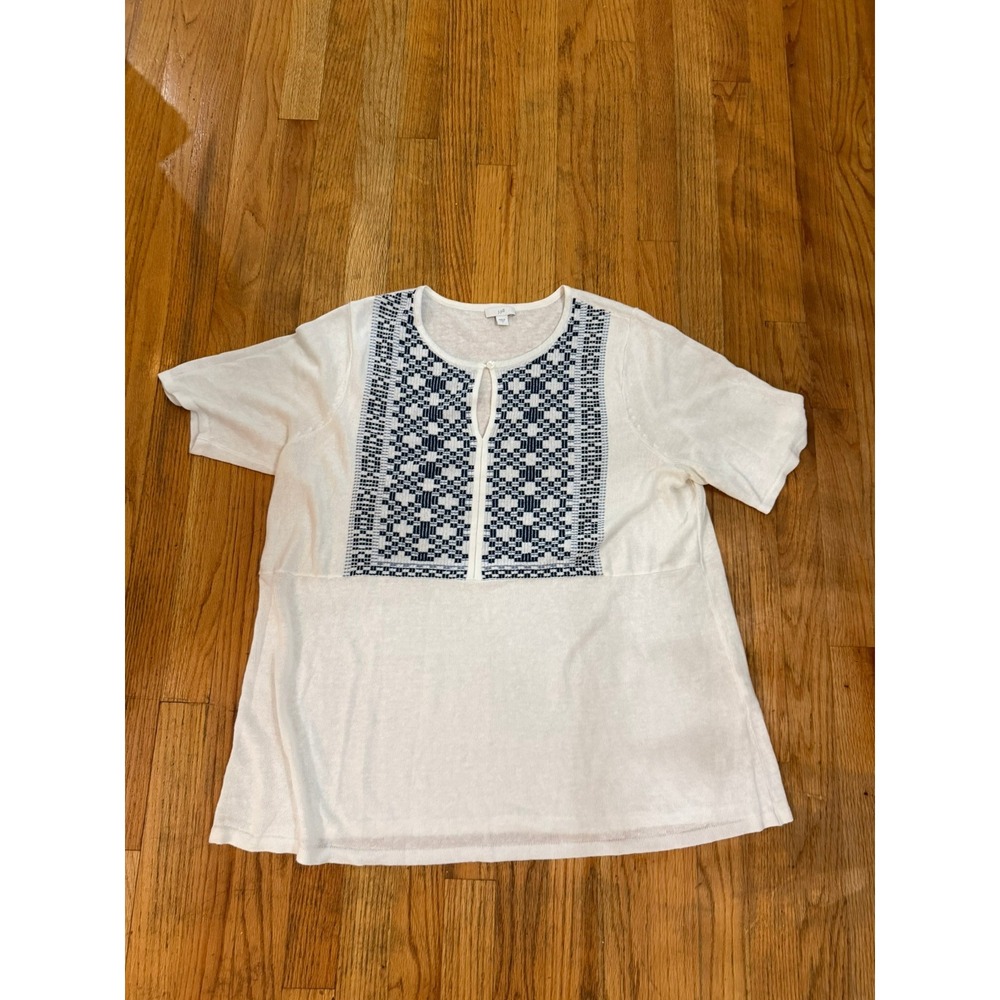J.Jill Large White Navy Blue Geometric Embroidered Knit Keyhole Neck Blouse Top